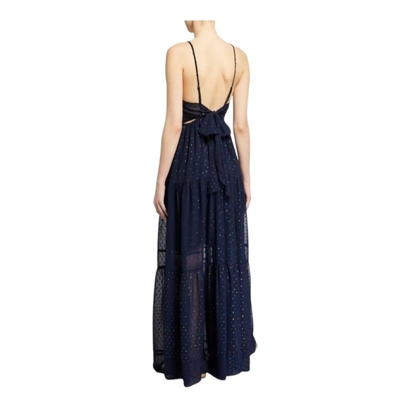 NWT LE SUPERBE Starry Night Navy Blue Metallic Chiffon Tie Back Maxi Gown Size 6 - Picture 3 of 14